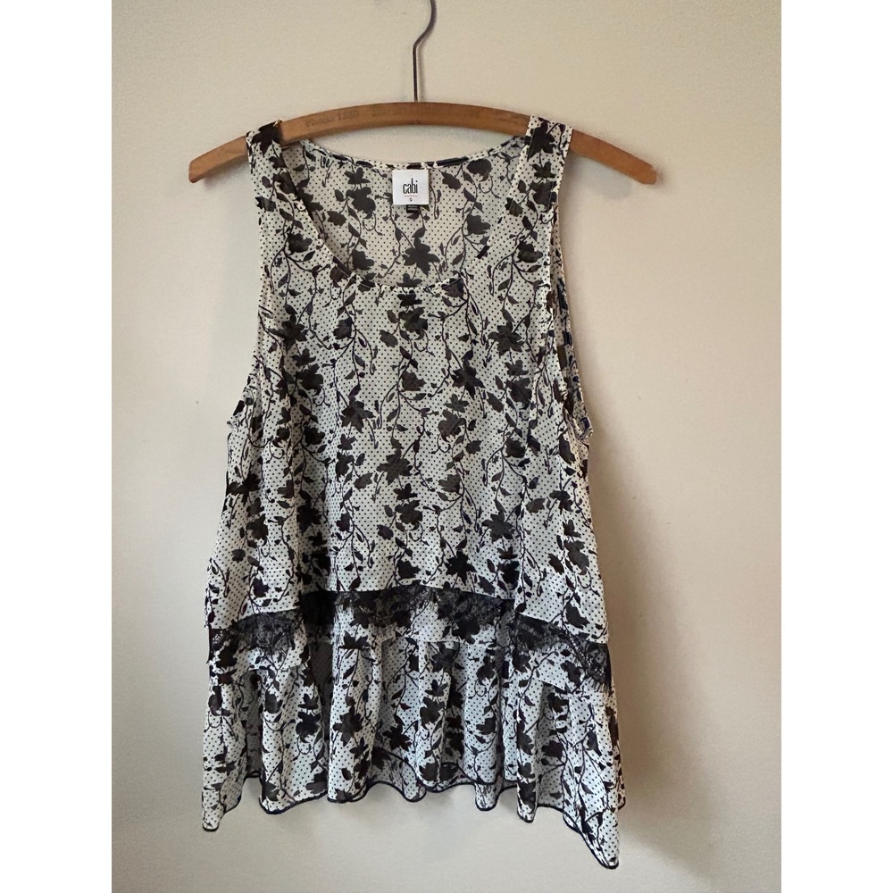 Vintage Cabi Womens Sleeveless Floral Polka Dot Lace Trim Peplum Size S Feminine